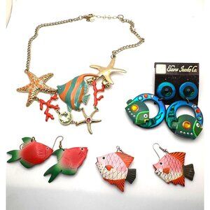 Ocean Theme Jewelry Lot Necklace 3 Earrings Fish Starfish Coral